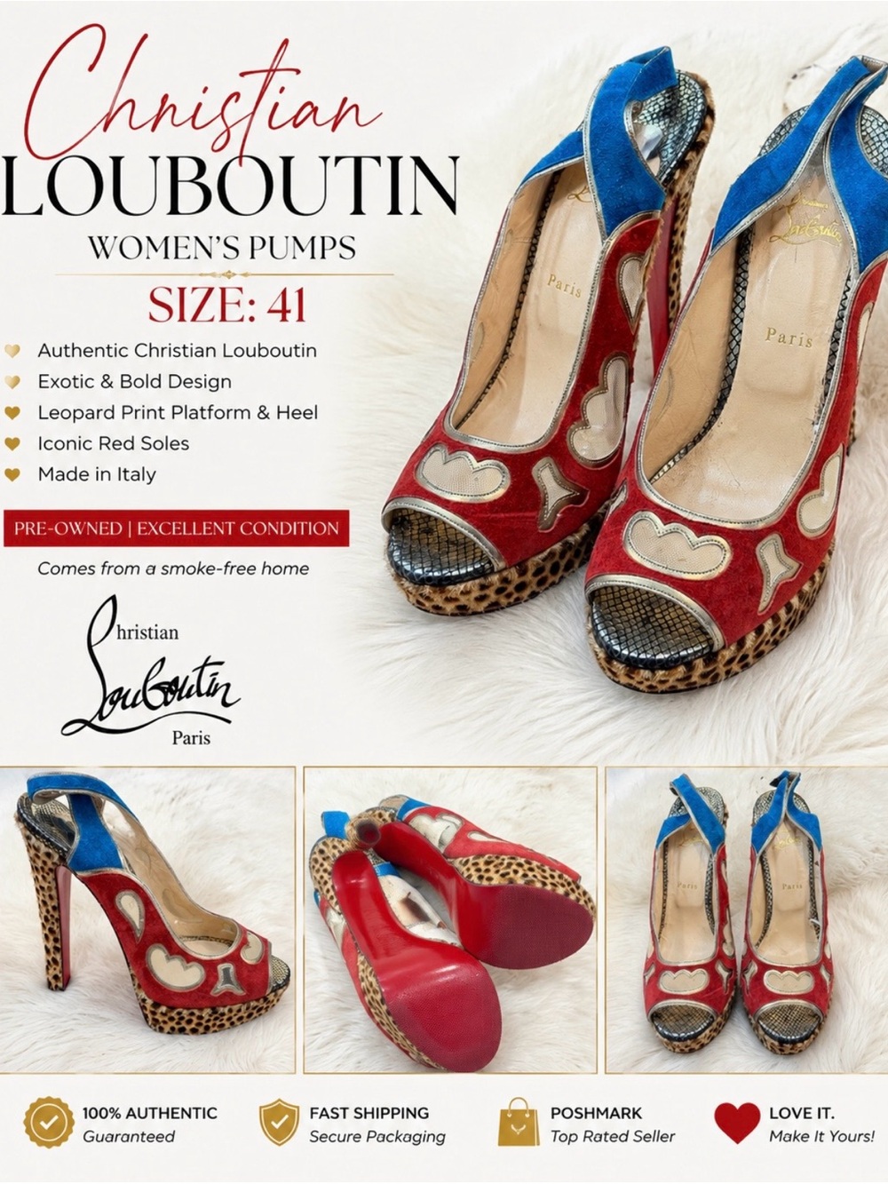 Christian Louboutin Red and Blue Leopard-Accent Platform Pumps